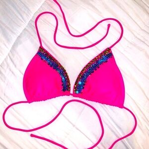 Vintage OP Vibrant Pink Sequin Bikini Top triangle Large